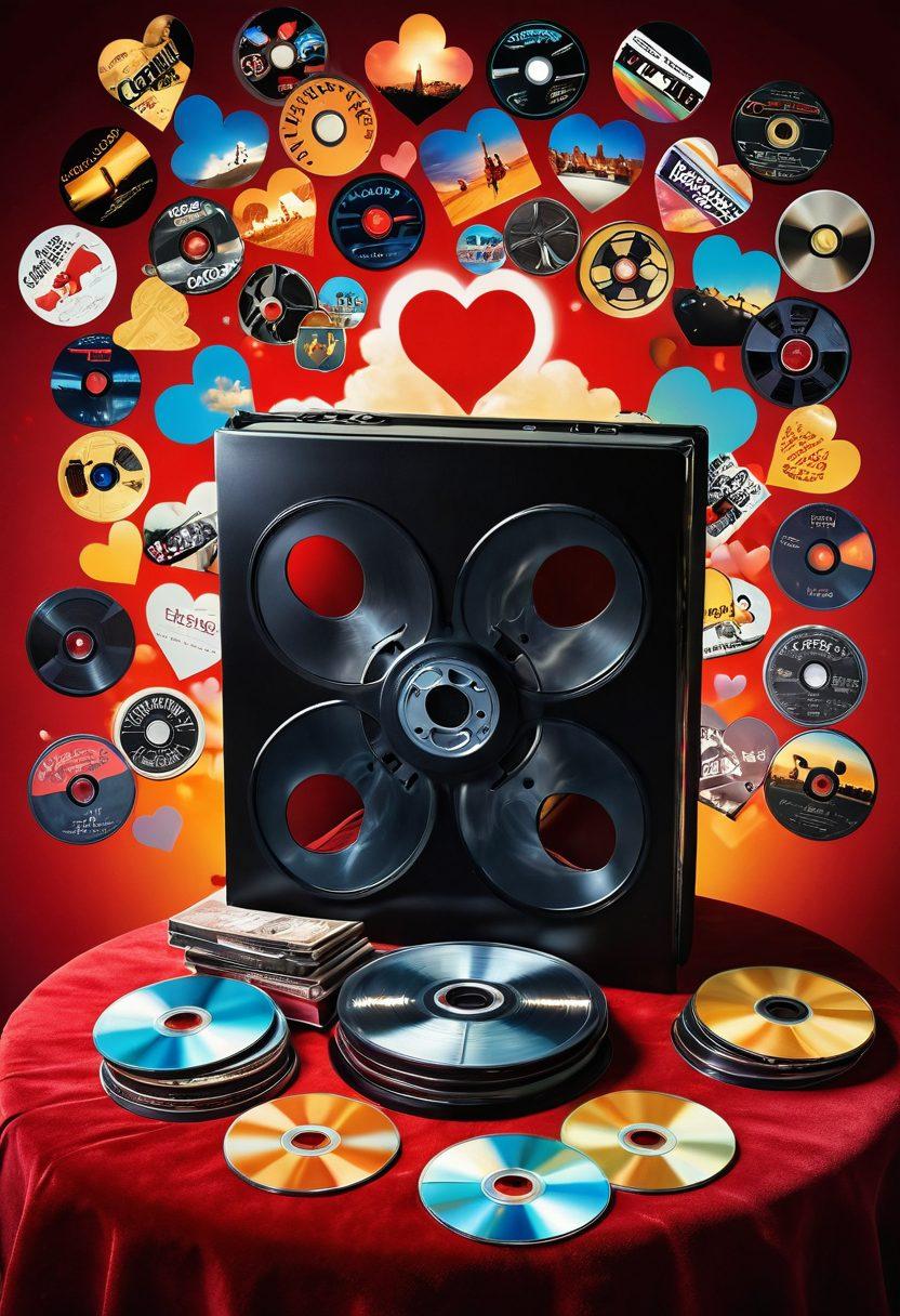 A retro DVD collection spilling out onto a vibrant red velvet cinema seat, with the background featuring a dreamy, film reel that morphs into colorful heart-shaped clouds. Each DVD cover displays unique, passionate cinematic gems with glowing, enticing titles. The scene is illuminated with warm golden light, evoking a sense of nostalgia and excitement. super-realistic. vibrant colors. cozy atmosphere.