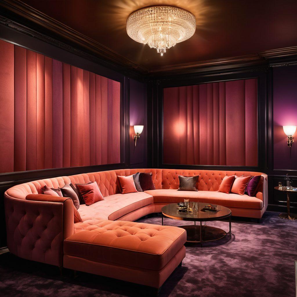 An inviting, stylish lounge filled with soft ambient lighting, plush seating, and a stage featuring captivating performers. Incorporate elements that suggest excitement and sophistication, like elegant cocktails and playful shadows on the walls. Showcase diverse individuals enjoying the atmosphere, highlighting a sense of celebration and connection. Include hints of glamour and passion to evoke the theme of adult entertainment in a tasteful manner. vibrant colors. super-realistic. moody lighting.