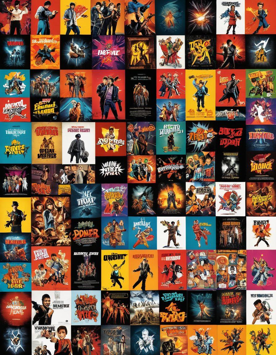 A vibrant collage of joyful hardcore movie DVD covers, radiating energy and excitement. Include iconic scenes of characters celebrating, laughing, and engaging in over-the-top action moments. Design the background with vivid colors, dynamic shapes, and elements reminiscent of the movie genre, such as film reels and popcorn. The overall feel should be energetic and inviting, appealing to enthusiasts of the genre. vector art. vibrant colors.